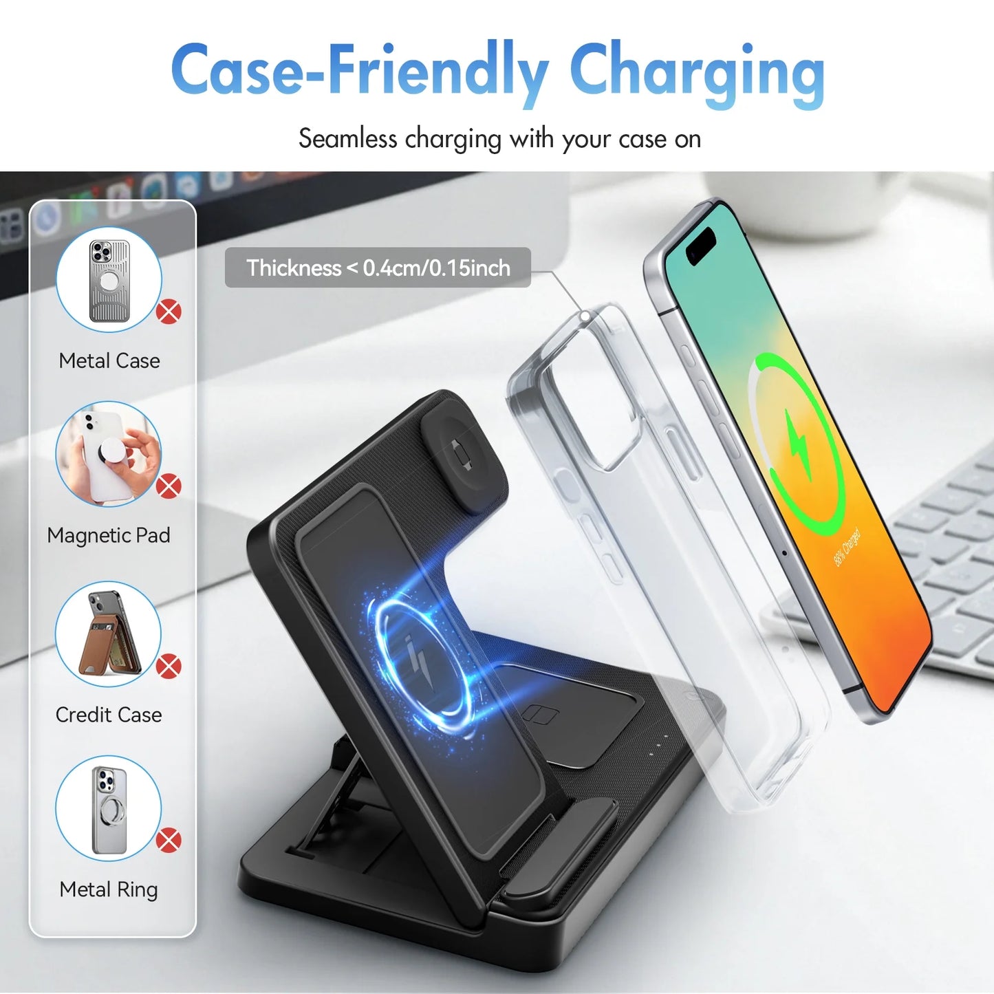 3-in-1 Magnetic Wireless Charging Station – Fast Charger Stand for iPhone 16/15/14/13/12/11 Pro Max, Apple Watch Series 9–SE, and AirPods Pro/3/2