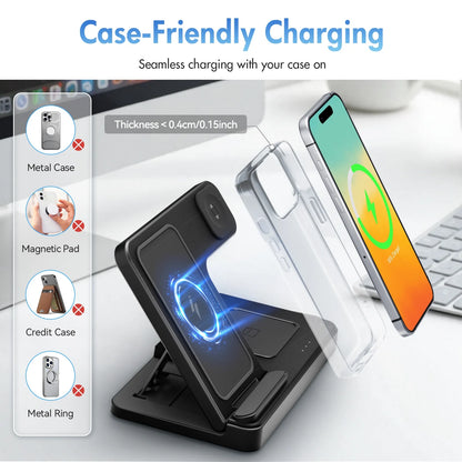 3-in-1 Magnetic Wireless Charging Station – Fast Charger Stand for iPhone 16/15/14/13/12/11 Pro Max, Apple Watch Series 9–SE, and AirPods Pro/3/2
