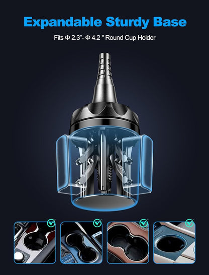 Cup Holder Phone Mount for Car – Upgraded Adjustable Gooseneck, Extra Stable Base, Universal Cell Phone Holder for iPhone 16 & All 4-7" Smartphones (Black)