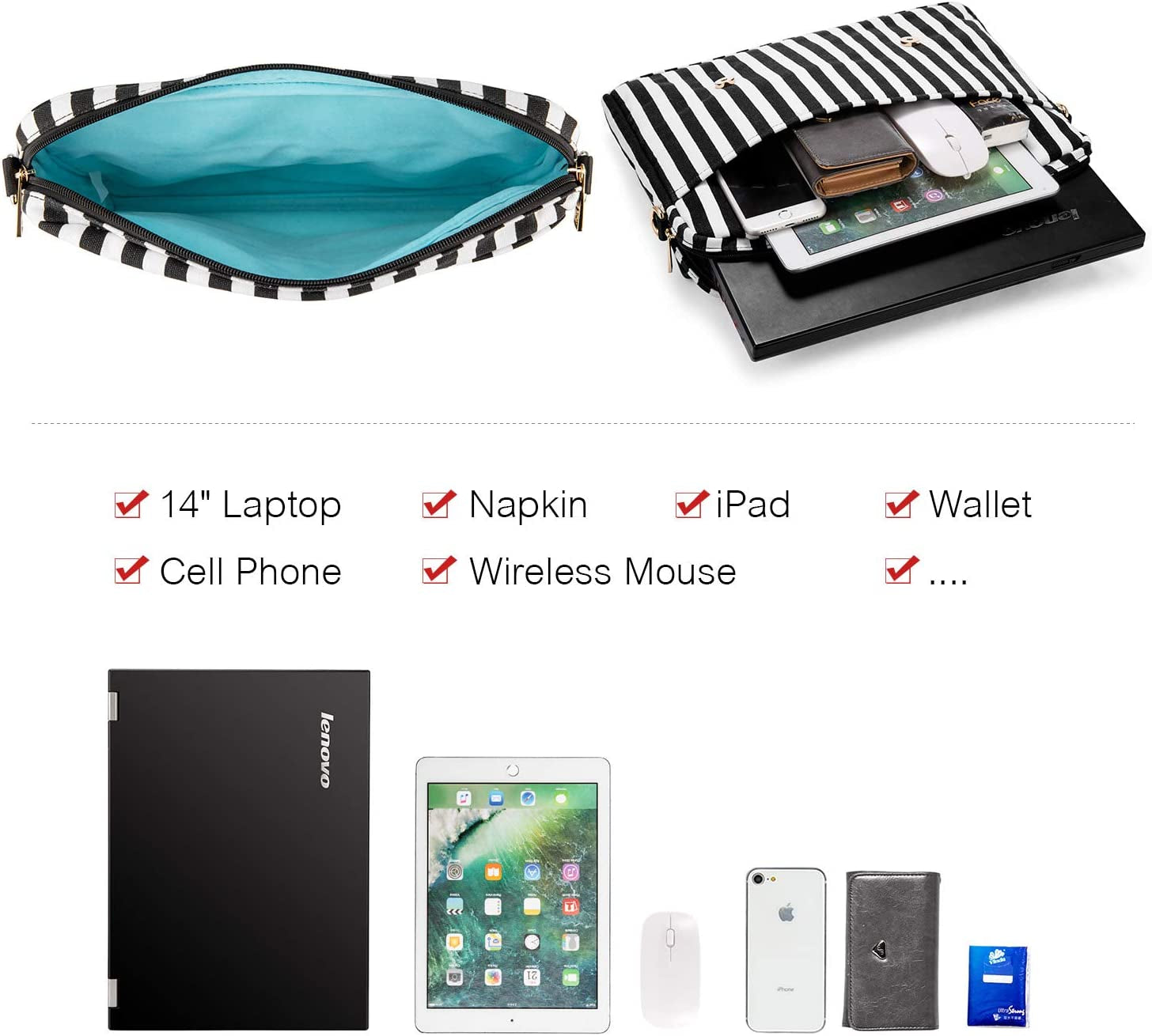 Stylish Laptop Bag for Women – 14-Inch Computer Messenger Shoulder Bag for Work, School, or College – Black Stripe Design