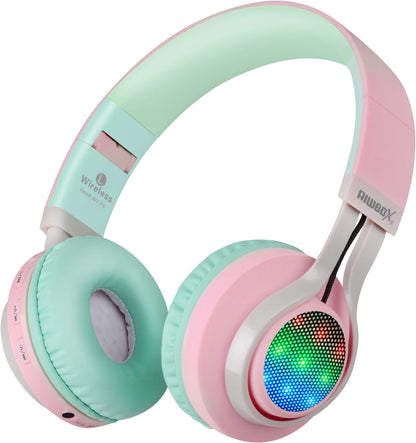 WT-7S Bluetooth Headphones – Foldable Wireless Stereo Headset with Mic, Volume Control & Light-Up LED, Compatible with PC/Tablet/TV/Travel (Pink & Green)