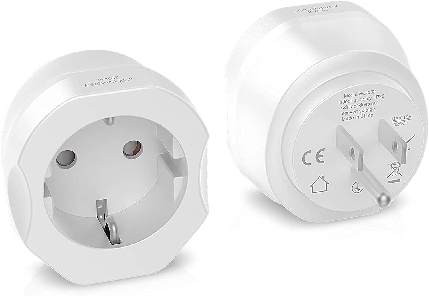 EU to US Plug Adapter (1 Pack) – European to USA Travel Power Converter for Type C, E, F Plugs – Compatible with EU, Spain, France Outlets to American Sockets