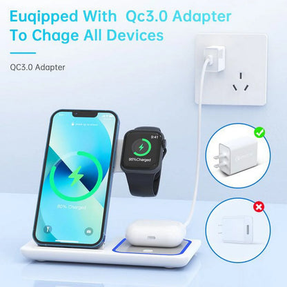 3-in-1 Wireless Charging Station with Breathing Light – Fast Charger Dock for iPhone 15/14/13/12/11 Pro Max/XS, Apple Watch 8–4, and AirPods 3/2/Pro