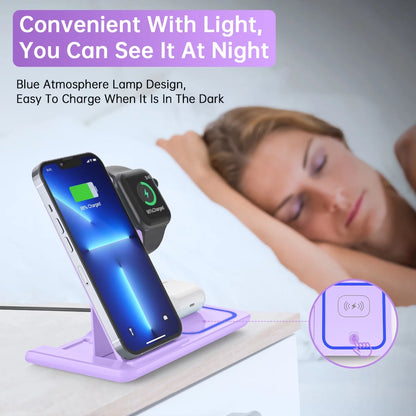 3-in-1 Wireless Charging Station for iPhone 16–11 Pro Max, Apple Watch 10–3, AirPods 4/3/2/Pro – Fast 18W Charging Dock for iPhone & Samsung Galaxy S26/S25/S23 – Purple