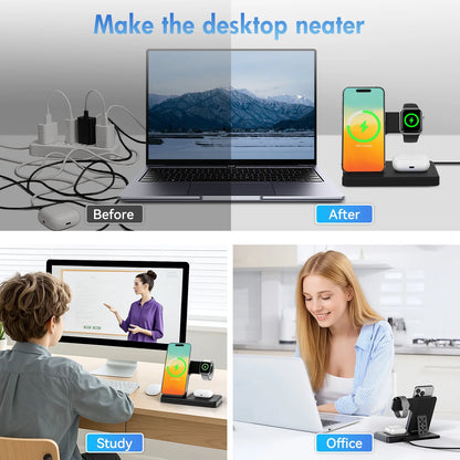 3-in-1 Magnetic Wireless Charging Station – Fast Charger Stand for iPhone 16/15/14/13/12/11 Pro Max, Apple Watch Series 9–SE, and AirPods Pro/3/2