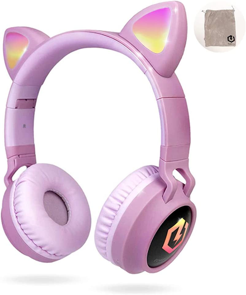 Kids Bluetooth Cat Ear Headphones with LED Lights – Wireless 5.3, Safe Volume Limit, Micro SD/TF Slot, Foldable Over-Ear Headset for iPad, Tablet & Travel (Pink)