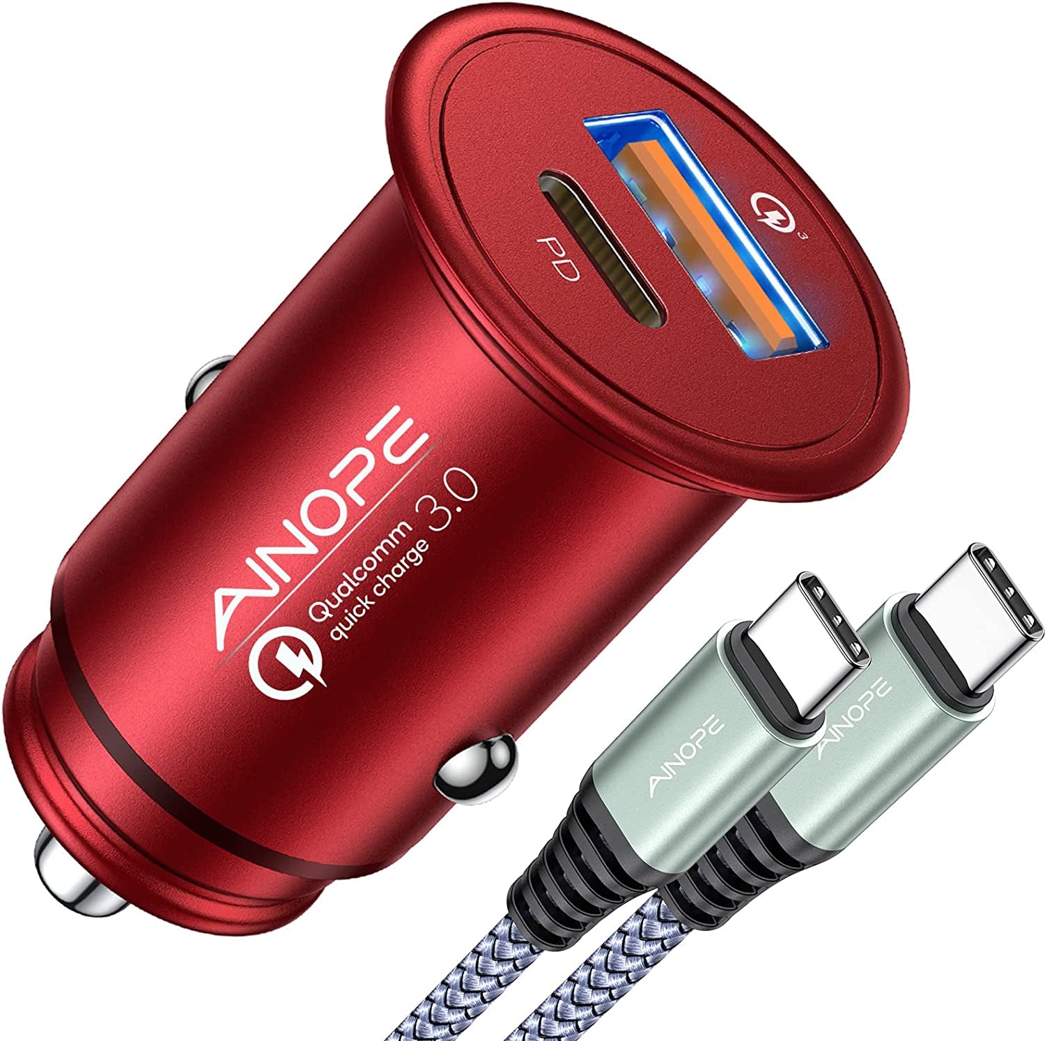 Super Mini USB C Car Charger, 54W All-Metal Fast Car Charger Adapter with PD & QC 3.0 Dual Ports, Compatible with iPhone 15/14/13/12/11 Pro Max, Galaxy S24/S23/S22/S21/S20 – Red