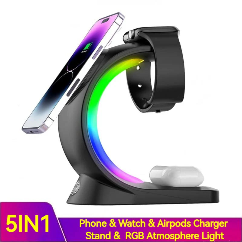 4-in-1 Magnetic Wireless Charging Station with RGB Light – Fast Charger for iPhone, Apple Watch, AirPods Pro & Smartphone
