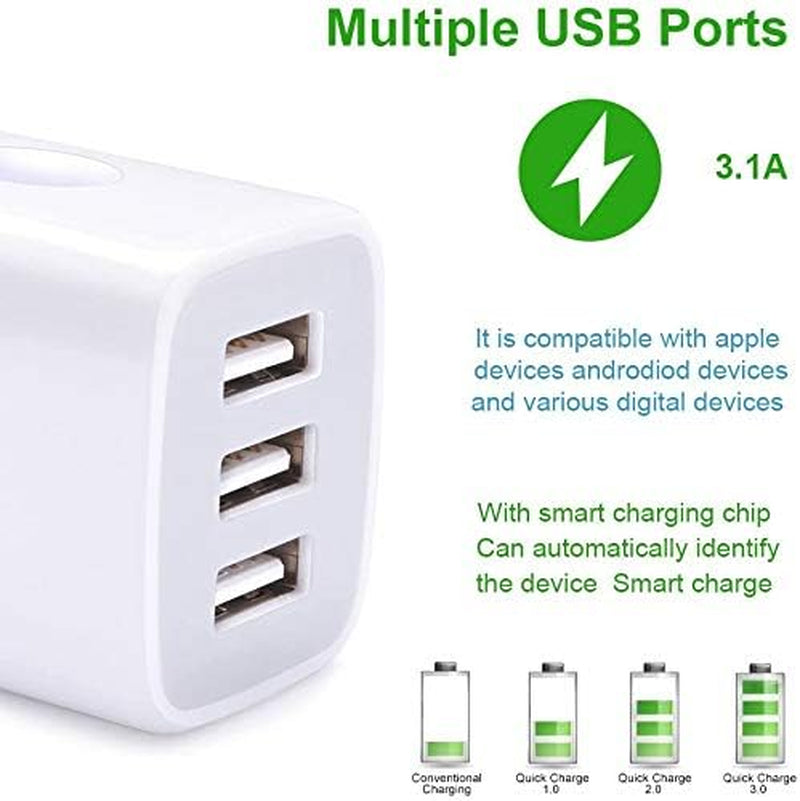 [3-Pack] USB Wall Charger Block – 3-Port 3.1A Fast Charging Plug Adapter for iPhone 16/15/14/13/12/SE/11 Pro, Samsung Galaxy S24–S21 Ultra, Google Pixel & More