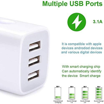 [3-Pack] USB Wall Charger Block – 3-Port 3.1A Fast Charging Plug Adapter for iPhone 16/15/14/13/12/SE/11 Pro, Samsung Galaxy S24–S21 Ultra, Google Pixel & More