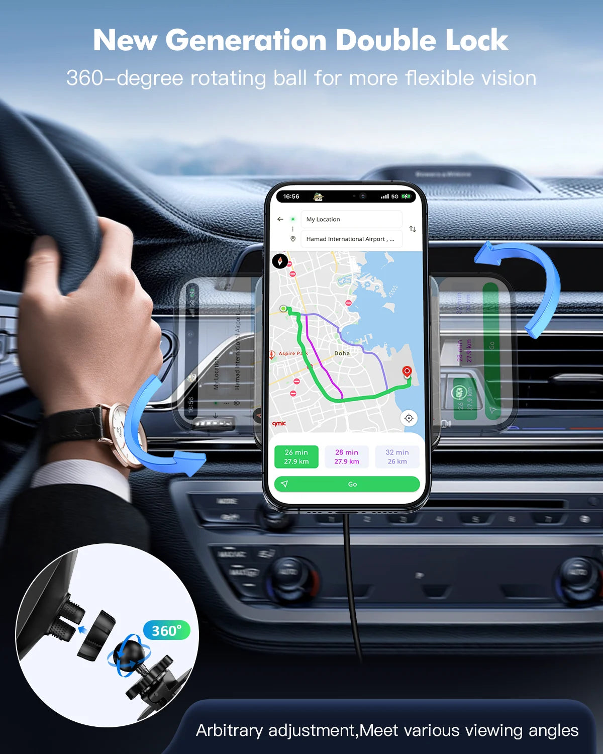 Car Wireless Charger Mount – Fast Charging Air Vent Phone Holder for iPhone 16/15/14/13/12 Series – Auto-Clamping, Secure Fit, Black