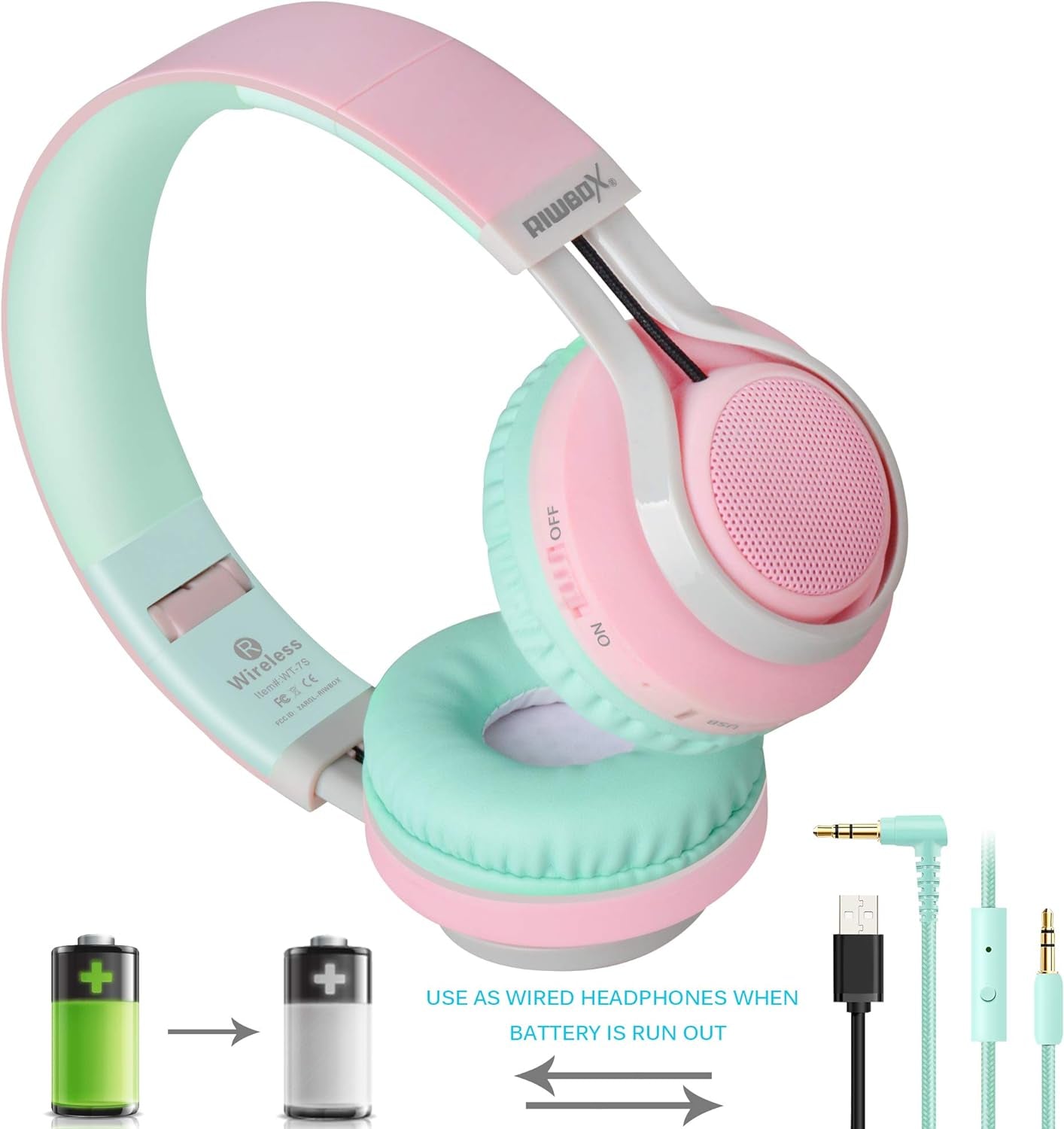 WT-7S Bluetooth Headphones – Foldable Wireless Stereo Headset with Mic, Volume Control & Light-Up LED, Compatible with PC/Tablet/TV/Travel (Pink & Green)